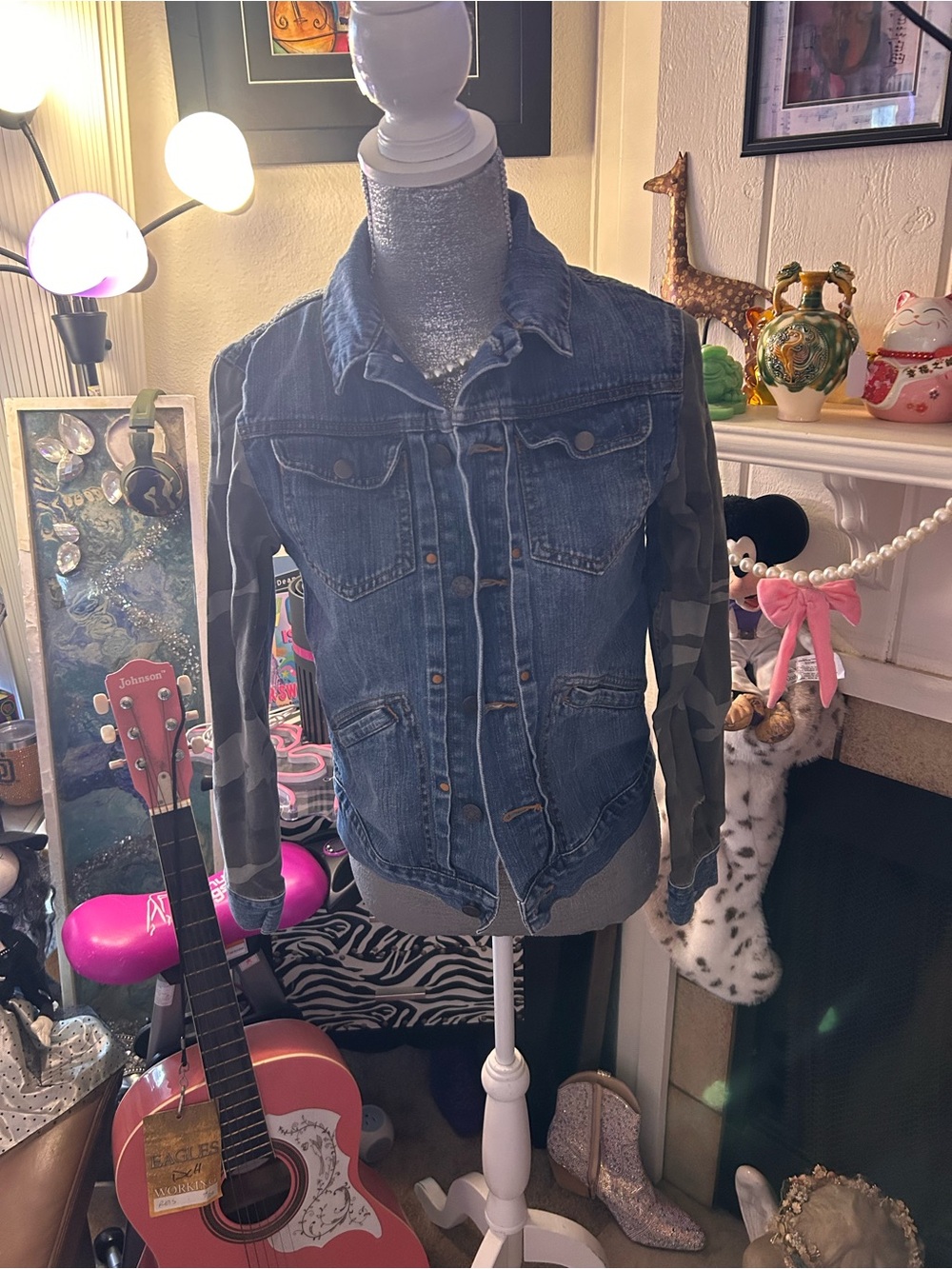BDG Denim Jacket with Camouflage Sleeves - Blue and Green